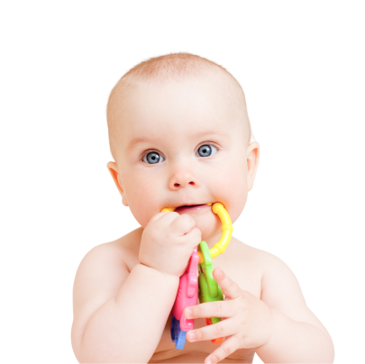 A baby with blue eyes holds and chews on a colorful teething toy, looking slightly upward against a plain white background.