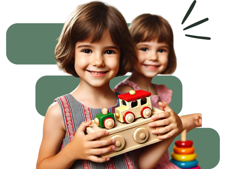 Two young girls smiling, one holding a wooden toy train, with a green abstract background and a stacking ring toy in the scene.
