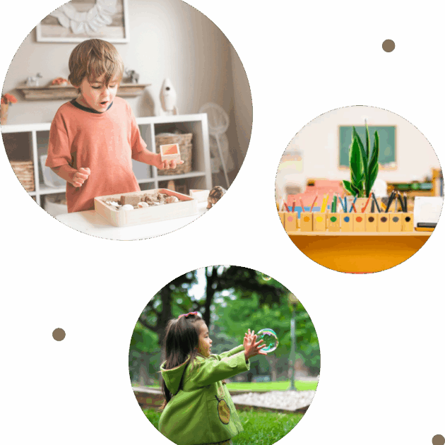 A boy playing with a sensory bin, a desk with colored pencils and a plant, and a girl outdoors reaching for a bubble.