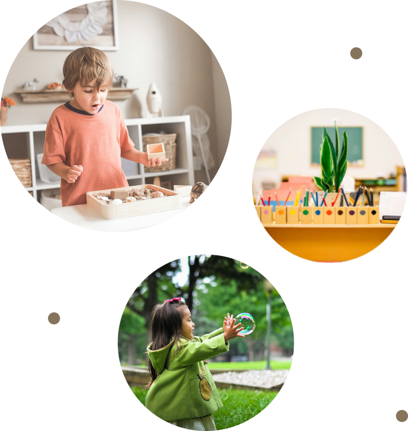 A boy playing with a sensory bin, a desk with colored pencils and a plant, and a girl outdoors reaching for a bubble.