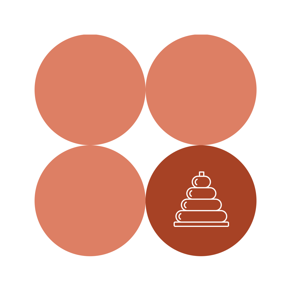 Four circles arranged in a grid; the bottom right circle is darker and contains a white line drawing of a stackable ring toy.